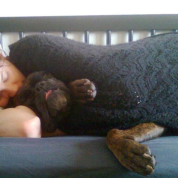 Woman and Dog in Bed