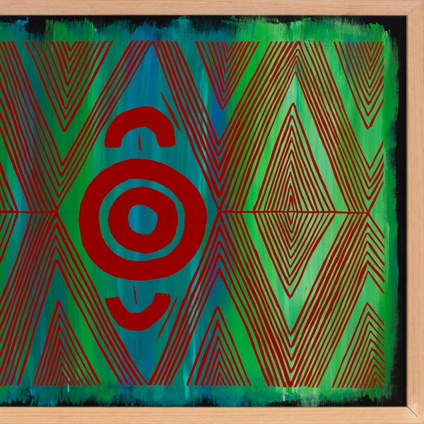 Uncle Eric Thomas Brown (Gomeroi), “Men's Business 2”, date unknown, synthetic polymer paint on canvas, 760 x 1040 x 45mm. Collection of Link-Up Victoria. Photo: Christian Capurro 2022.