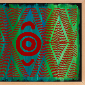 Uncle Eric Thomas Brown (Gomeroi), “Men's Business 2”, date unknown, synthetic polymer paint on canvas, 760 x 1040 x 45mm. Collection of Link-Up Victoria. Photo: Christian Capurro 2022.