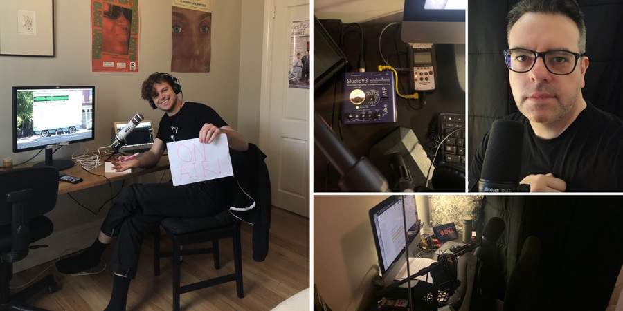 Sam Cummins and Daniel James broadcasting from home